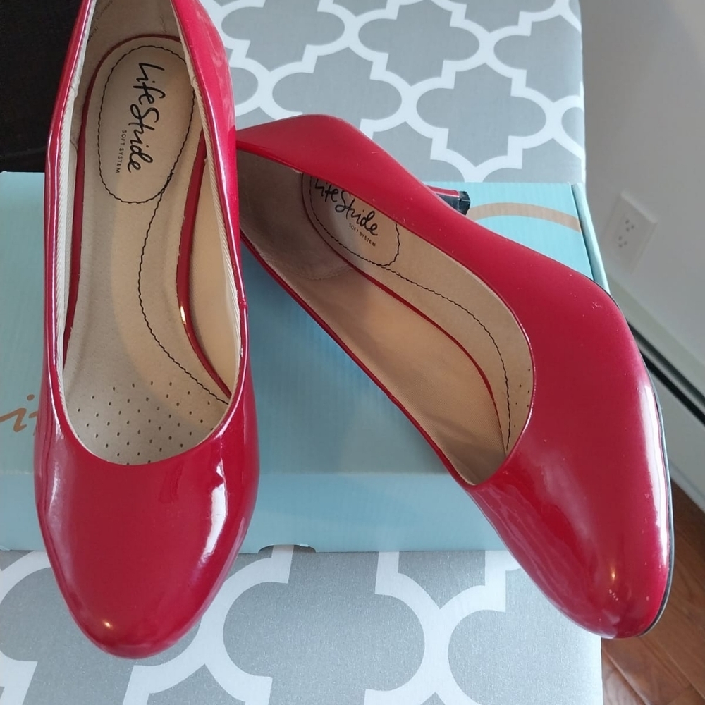Life Stride Red Patent Round-Toe Pumps